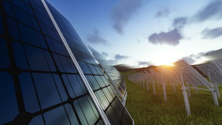 Solar panels field at sunset